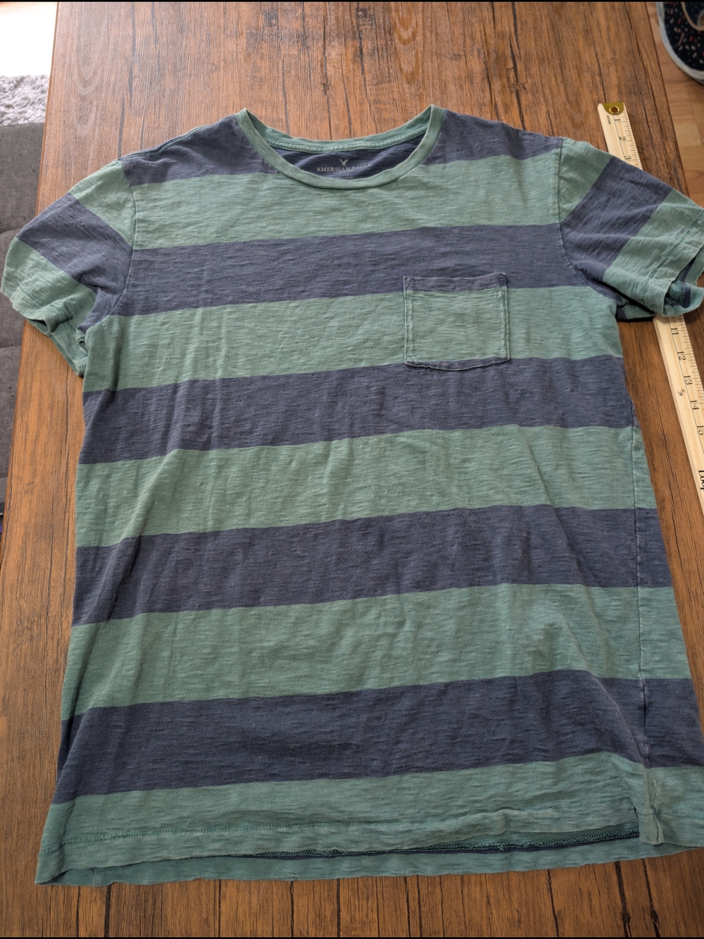 American Eagle Outfitters Men's Wide Stripe Pocket Tee - Green & Navy